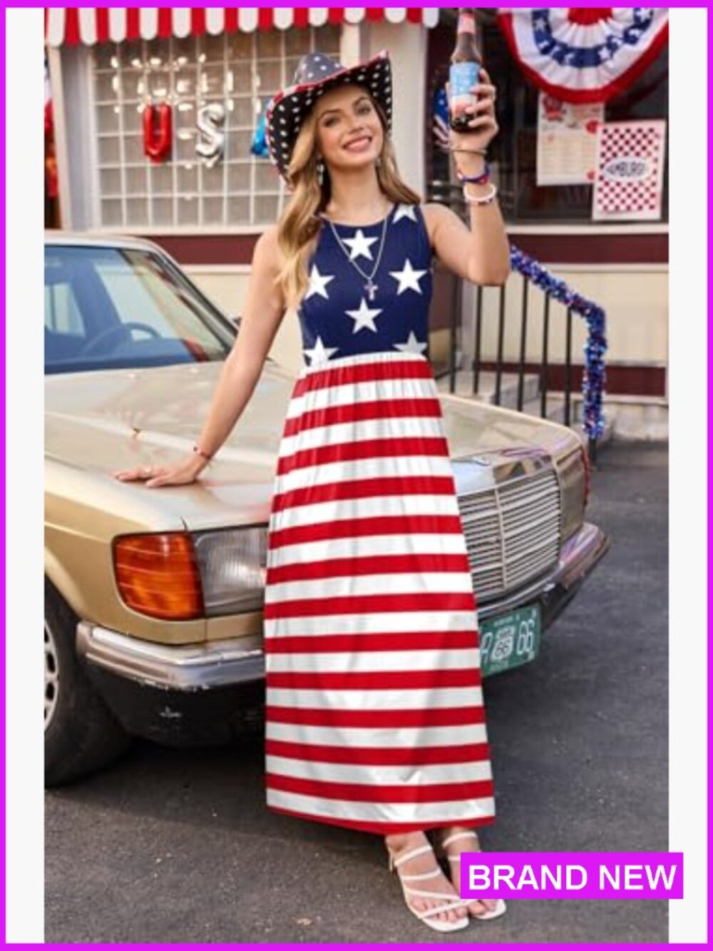 Maxi Dress Sleeveless Patriotic Print Sundress with Pockets - Picture 2 of 7